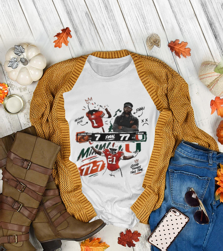 Miami 77 Final Florida A&M 7 College Football Game Highlights T-Shirt