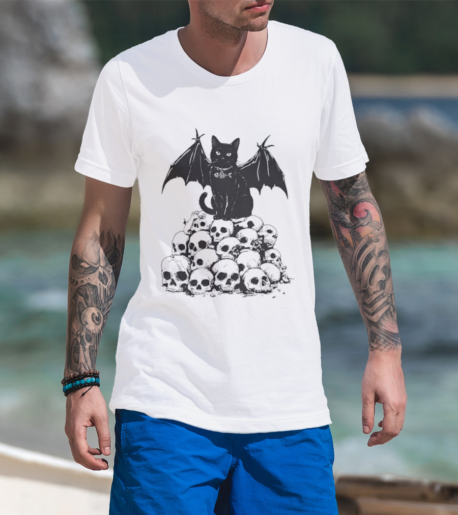 Black Bat Cat Sitting On Human Skulls T-Shirt
