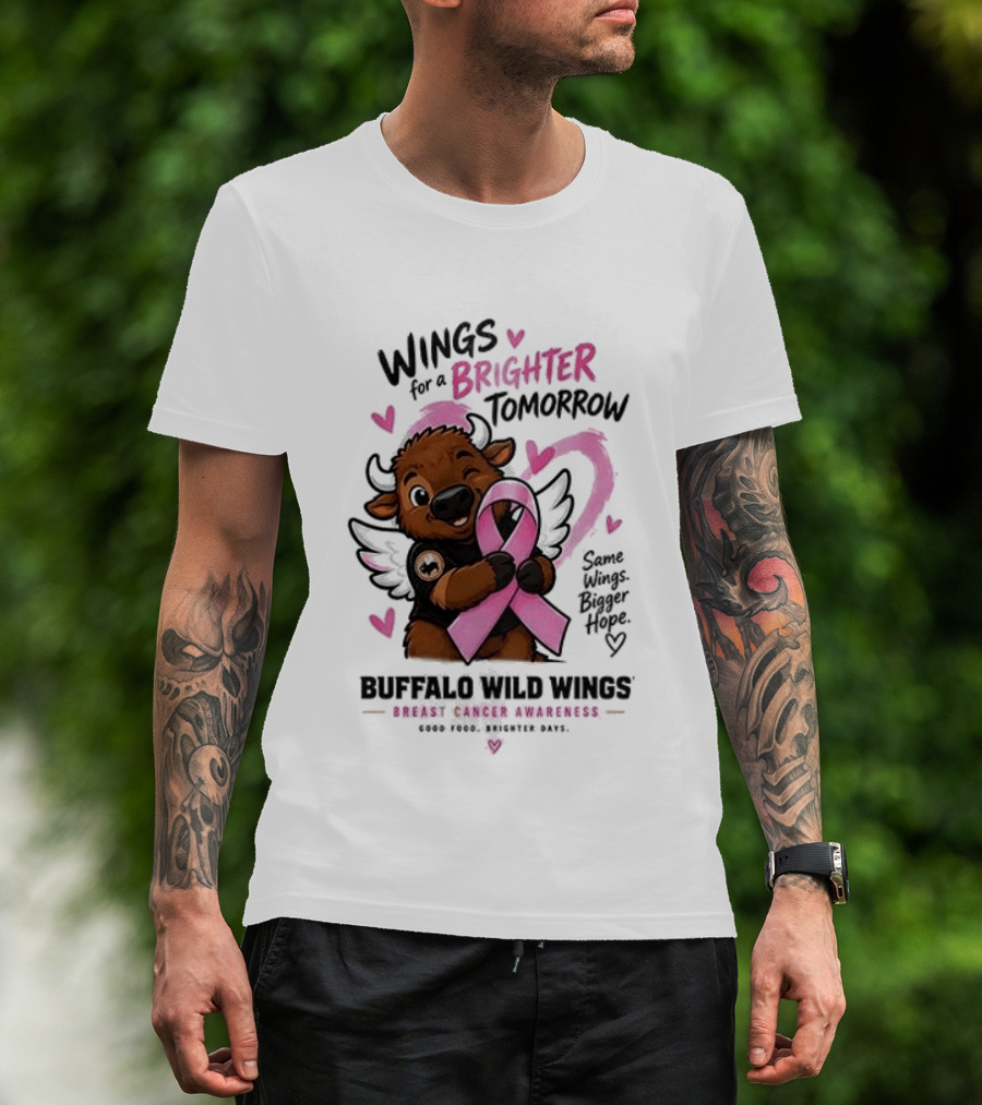 Wings For A Brighter Tomorrow Buffalo Wild Wings Breast Cancer Awareness Pink Ribbon Hearts T-Shirt