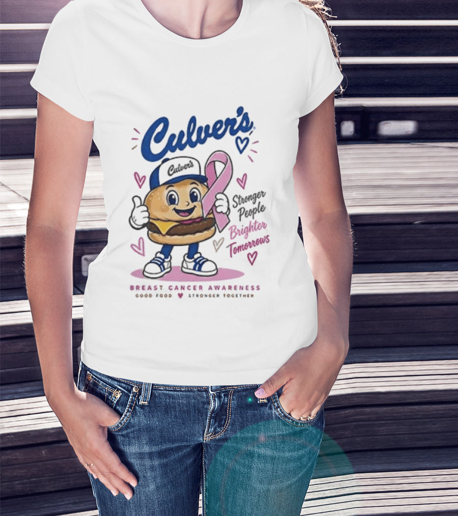 Culver's Breast Cancer Awareness Stronger People Brighter Tomorrows Burger Character With Pink Ribbon T-Shirt