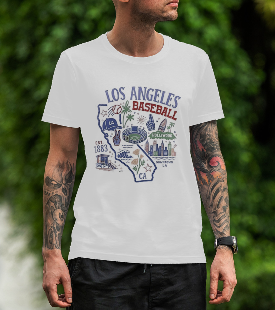 Los Angeles Baseball Est 1883 California Map Stadium And Poppy Flowers T-Shirt
