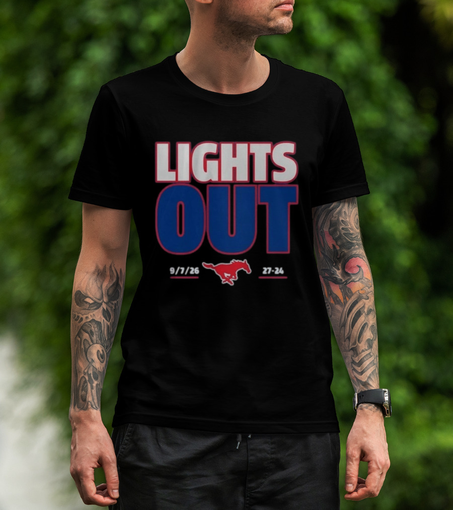SMU Mustangs Football Lights Out 9 7 26 27 24 T-Shirt