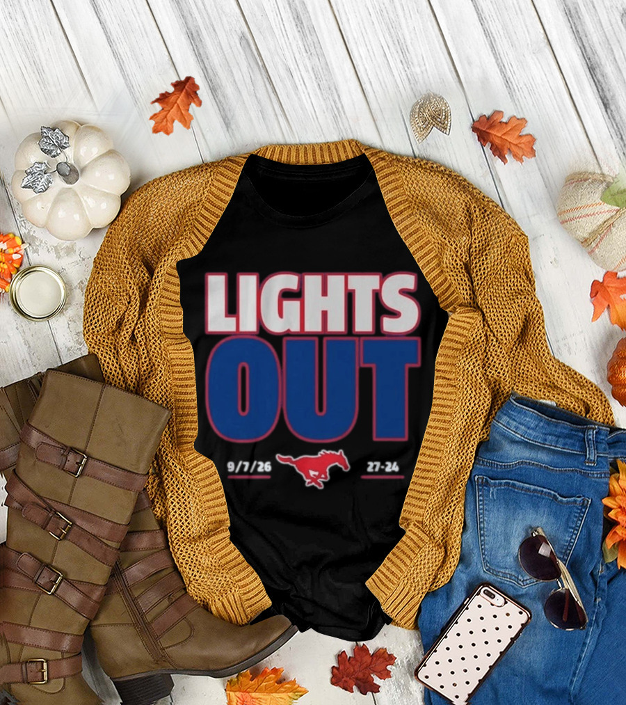 SMU Mustangs Football Lights Out 9 7 26 27 24 T-Shirt