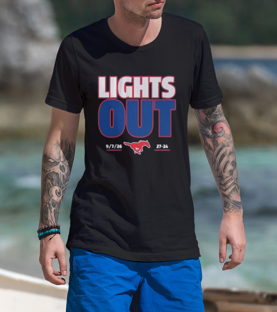 SMU Mustangs Football Lights Out 9 7 26 27 24 T-Shirt
