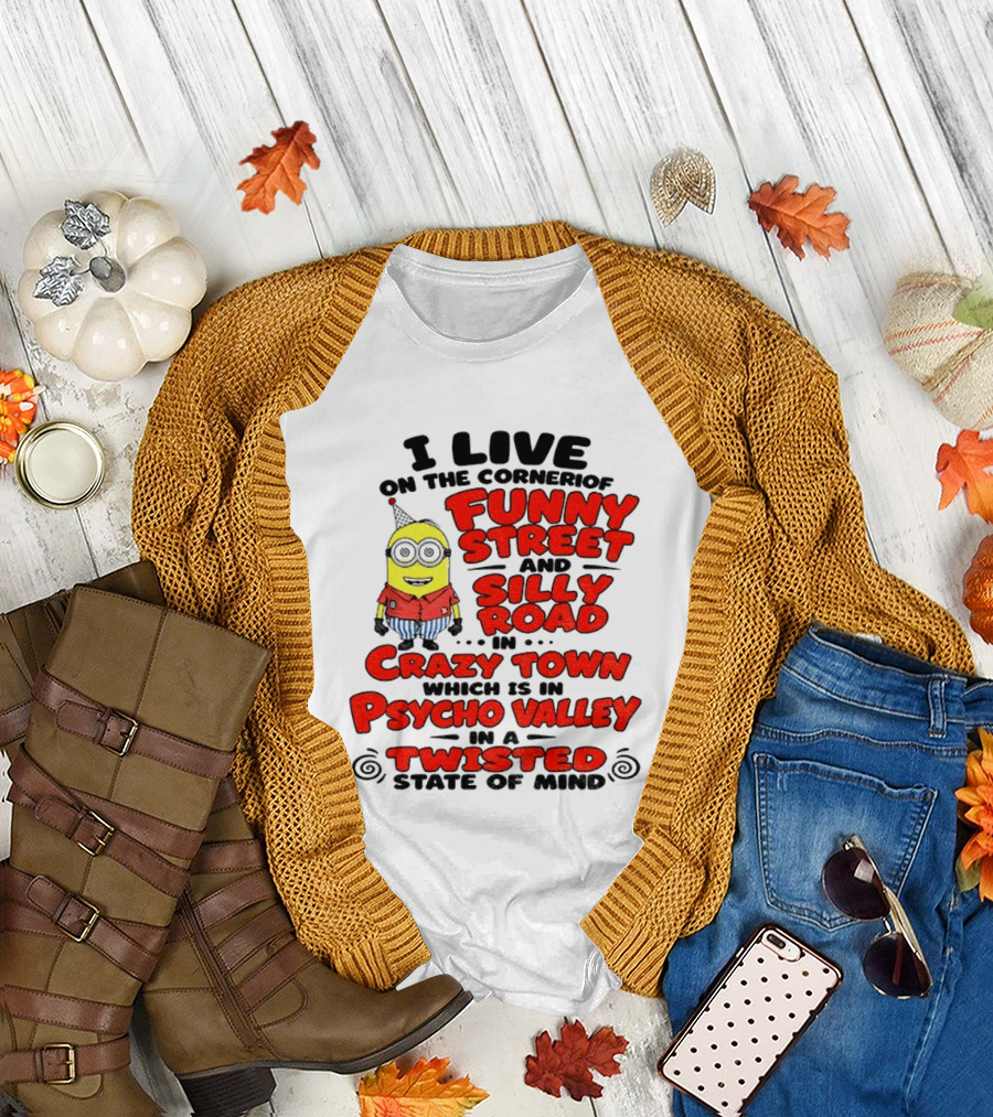 I Live On Funny Street Silly Road Crazy Town Psycho Valley Twisted State Of Mind T-Shirt
