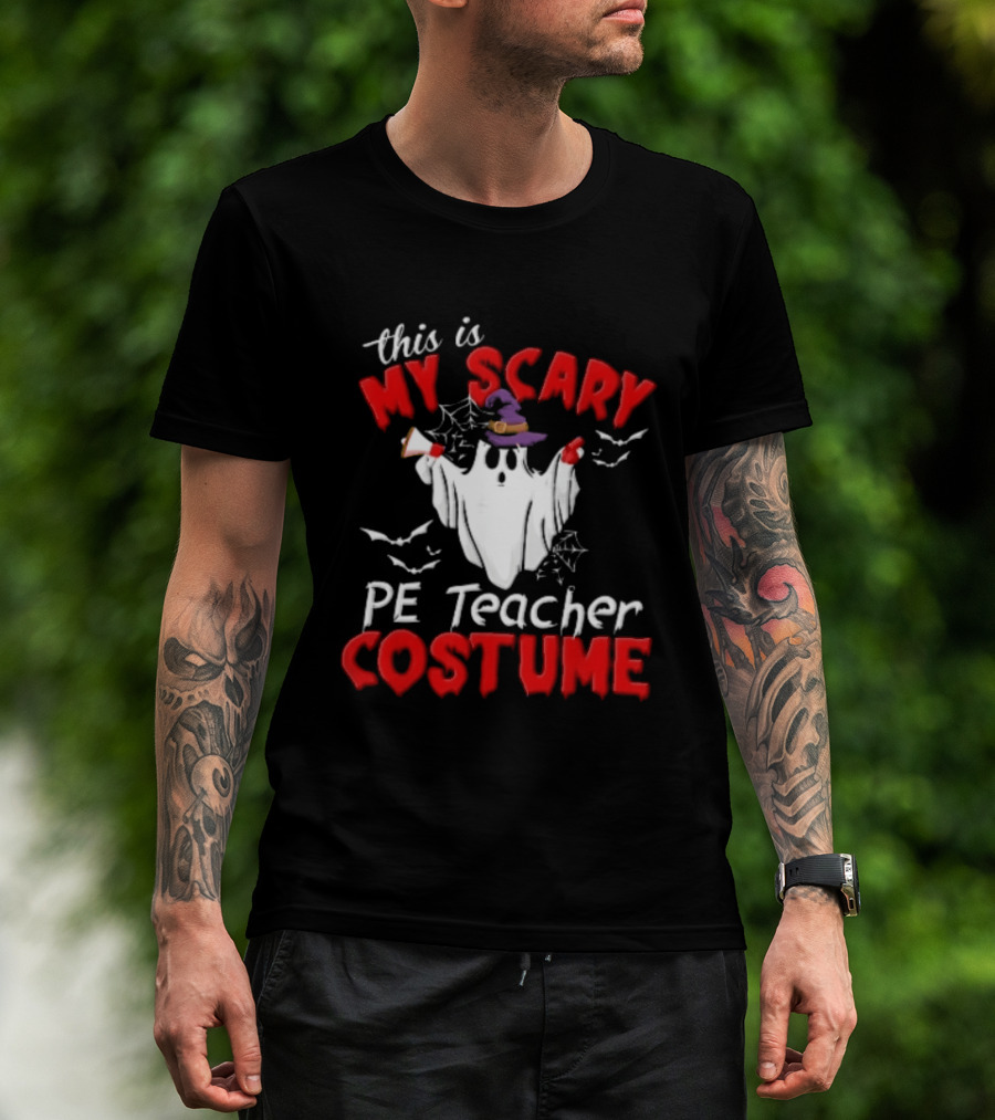 Scary PE Teacher Costume Ghost Witch Hat Whistle Megaphone Halloween T-Shirt