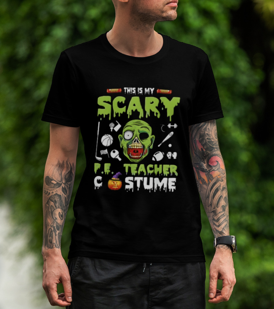 This Is My Scary PE Teacher Costume Zombie Head Sports Equipment Pumpkin T-Shirt