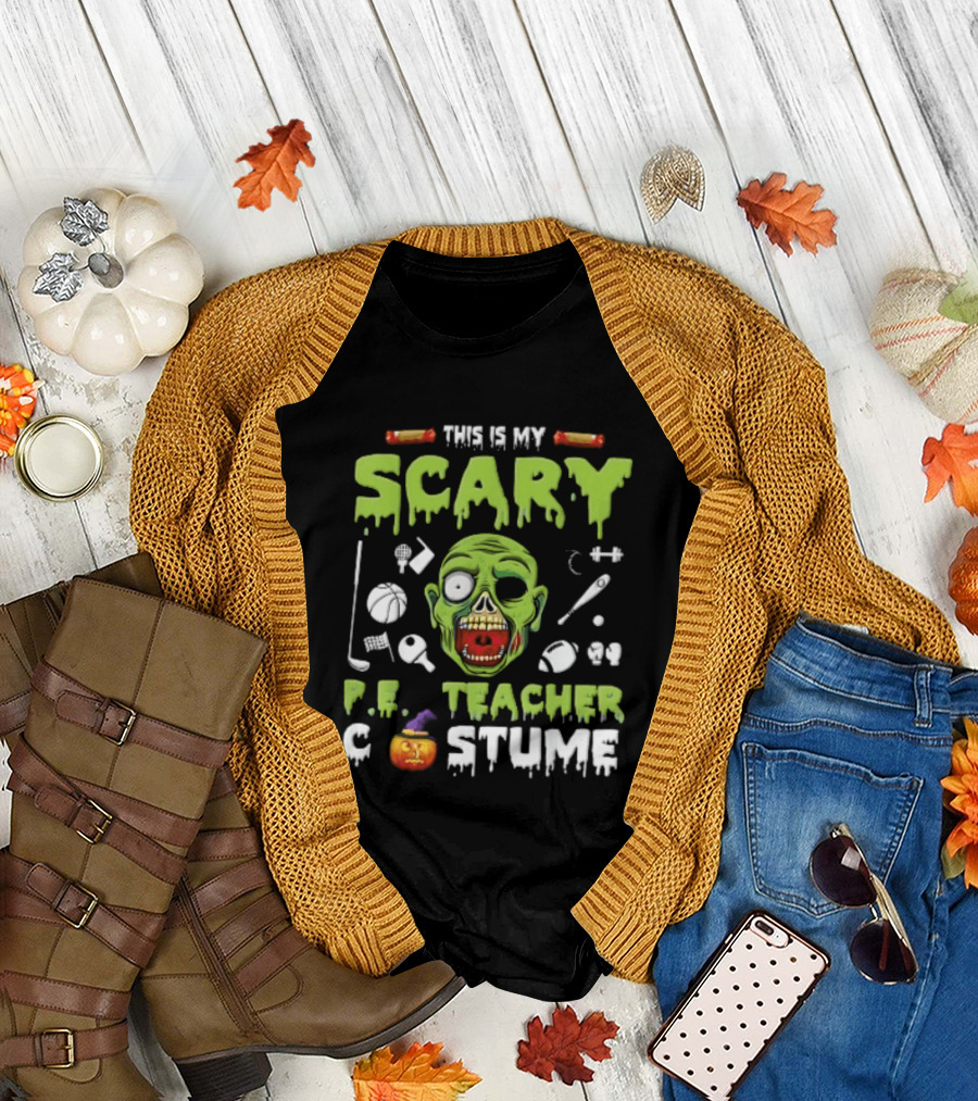 This Is My Scary PE Teacher Costume Zombie Head Sports Equipment Pumpkin T-Shirt
