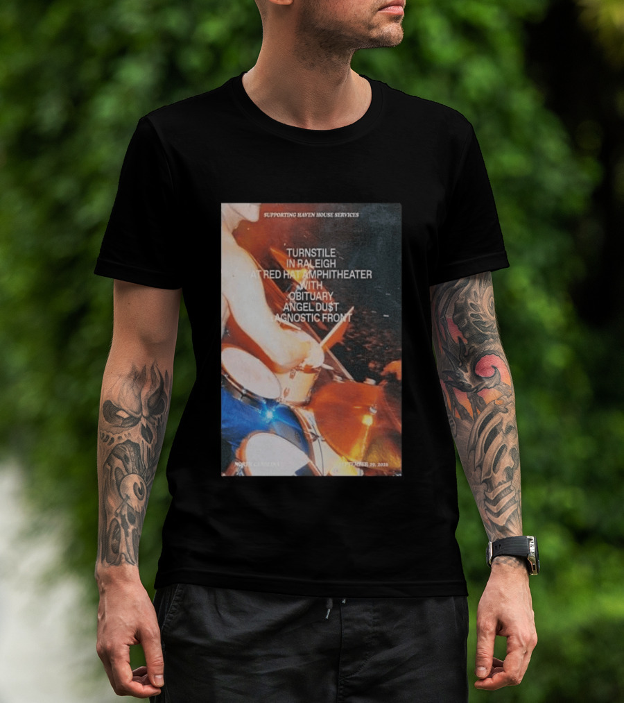 Turnstile Raleigh Red Hat Amphitheater September 29 2026 Obituary Angel Dust Agnostic Front Concert Supporting Haven House Services T-Shirt