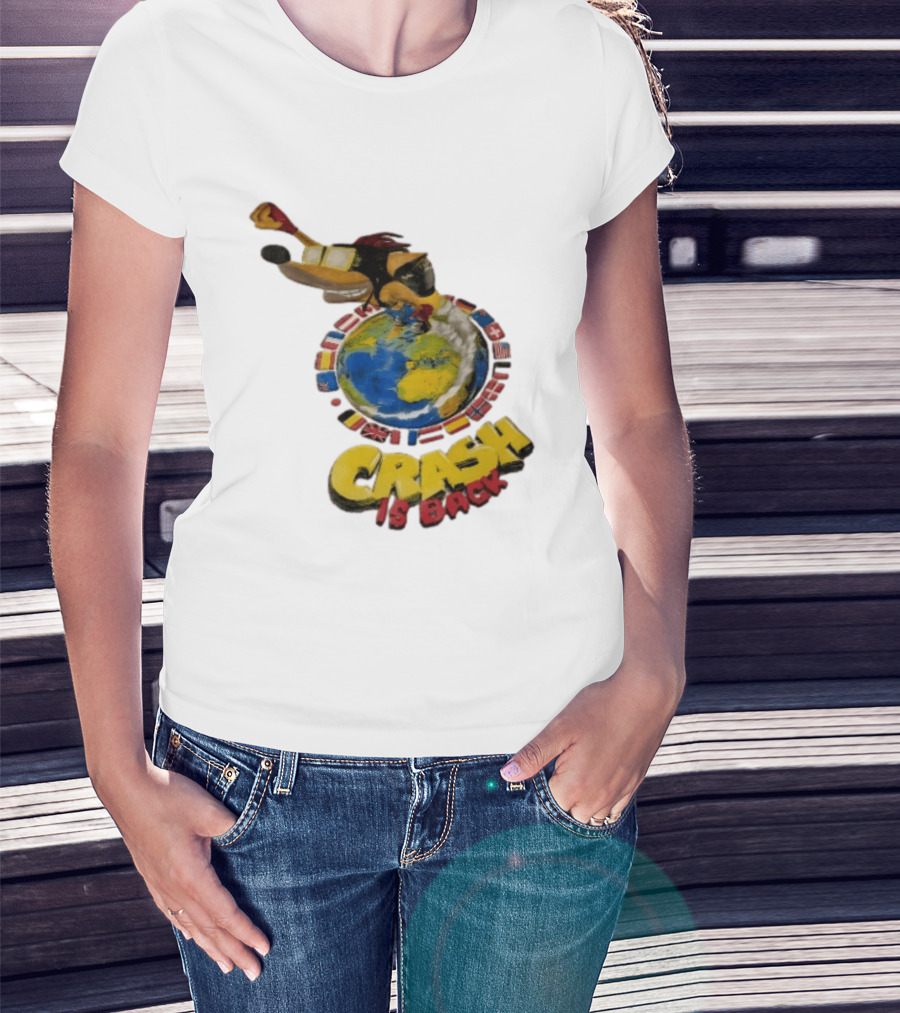 Crash Is Back Jetpack Adventure World Flags Globe Cartoon T-Shirt