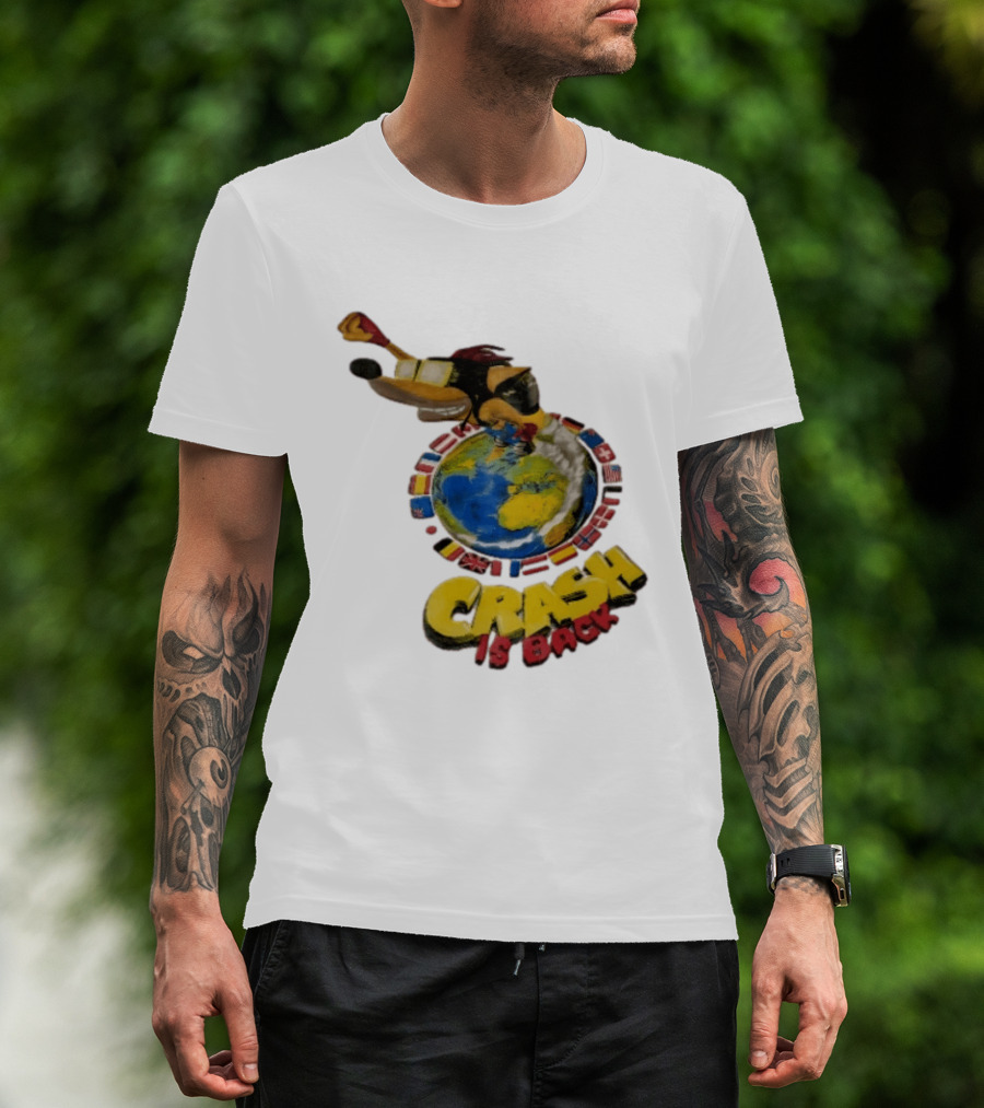 Crash Is Back Jetpack Adventure World Flags Globe Cartoon T-Shirt
