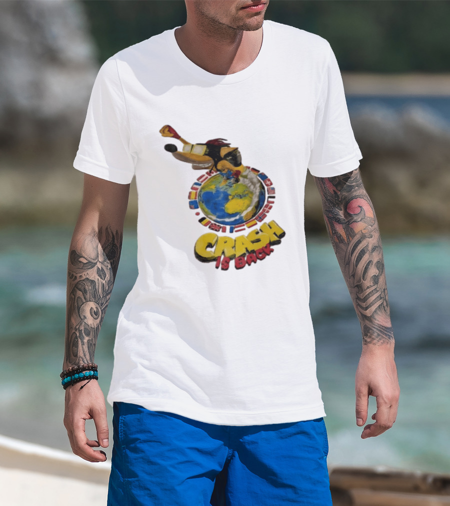 Crash Is Back Jetpack Adventure World Flags Globe Cartoon T-Shirt