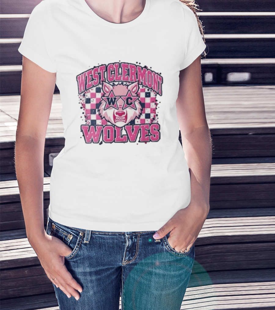 West Clermont Wolves WC Pink Star Sunglasses Checkered T-Shirt