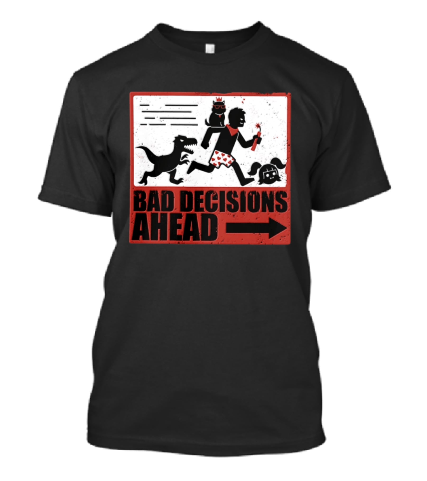 Bad Decisions Ahead Running From Dinosaur Distressed Humor T-Shirt