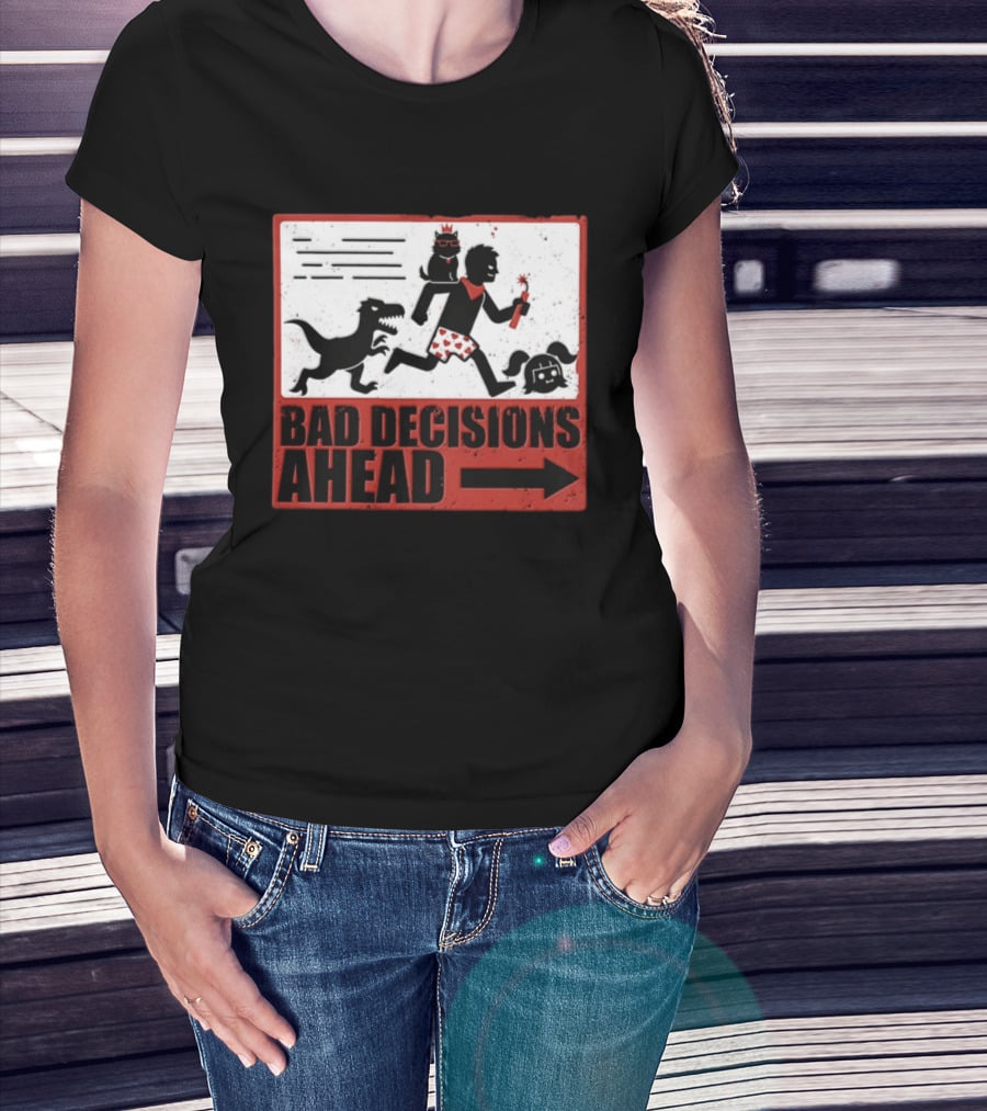 Bad Decisions Ahead Running From Dinosaur Distressed Humor T-Shirt