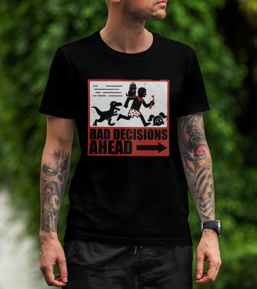 Bad Decisions Ahead Running From Dinosaur Distressed Humor T-Shirt