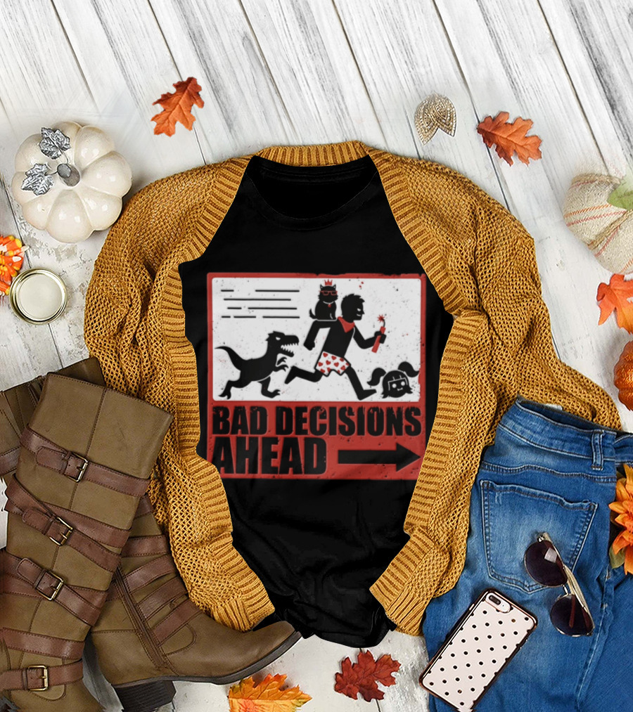 Bad Decisions Ahead Running From Dinosaur Distressed Humor T-Shirt