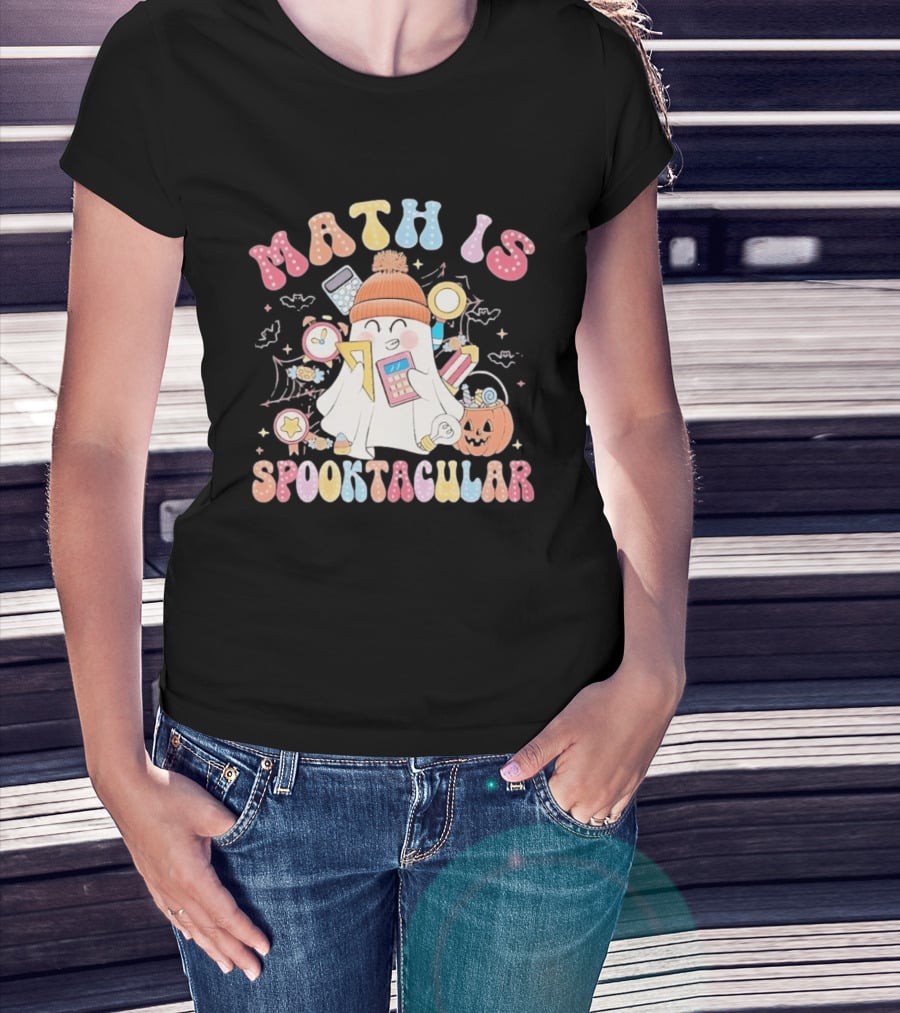 Math Is Spooktacular Ghost Halloween Teacher Kawaii Pumpkin Calculators T-Shirt
