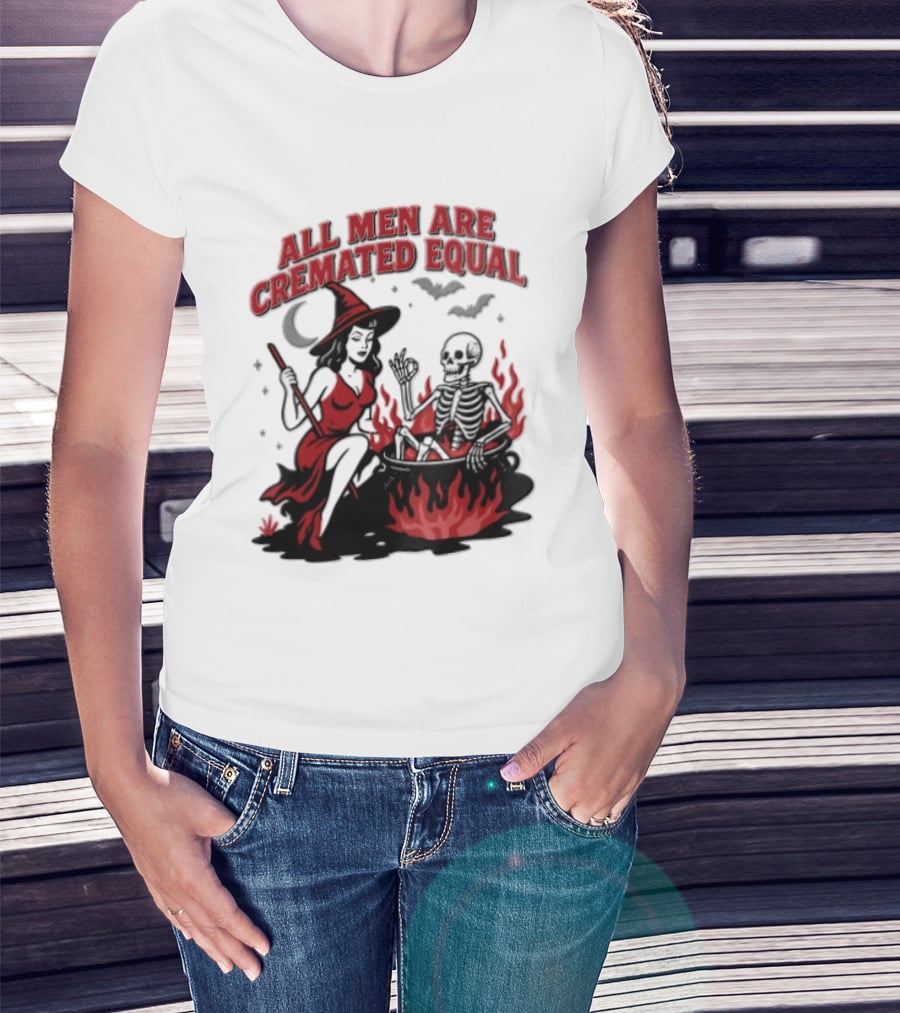 All Men Are Cremated Equal Witch Skeleton Cauldron Halloween T-Shirt