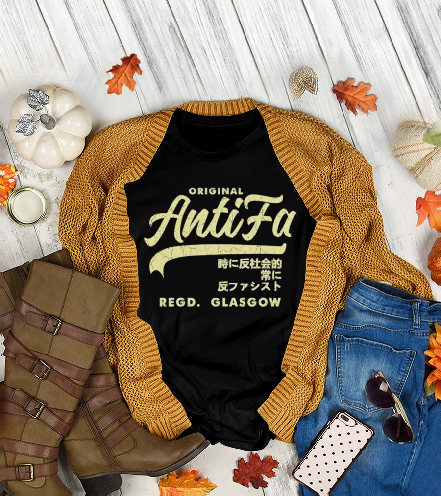 Original AntiFa Regd Glasgow Distressed Japanese Text Anti Fascist T-Shirt