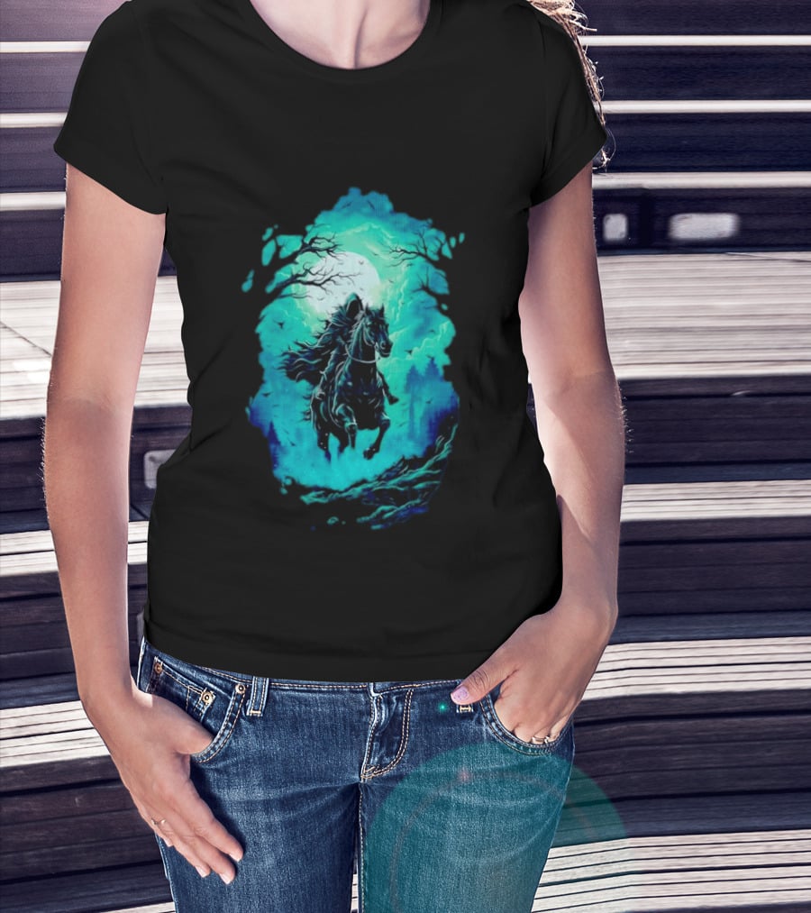 Headless Horseman Eerie Night Ride Through Spooky Forest T-Shirt