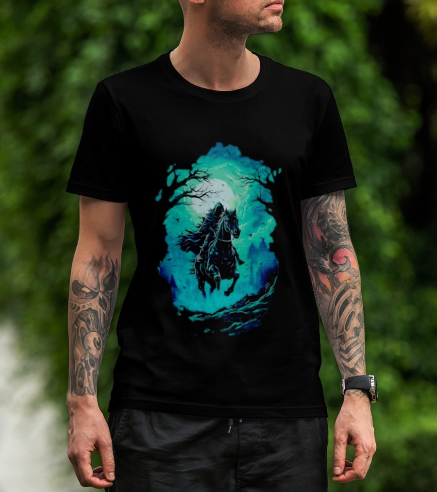 Headless Horseman Eerie Night Ride Through Spooky Forest T-Shirt