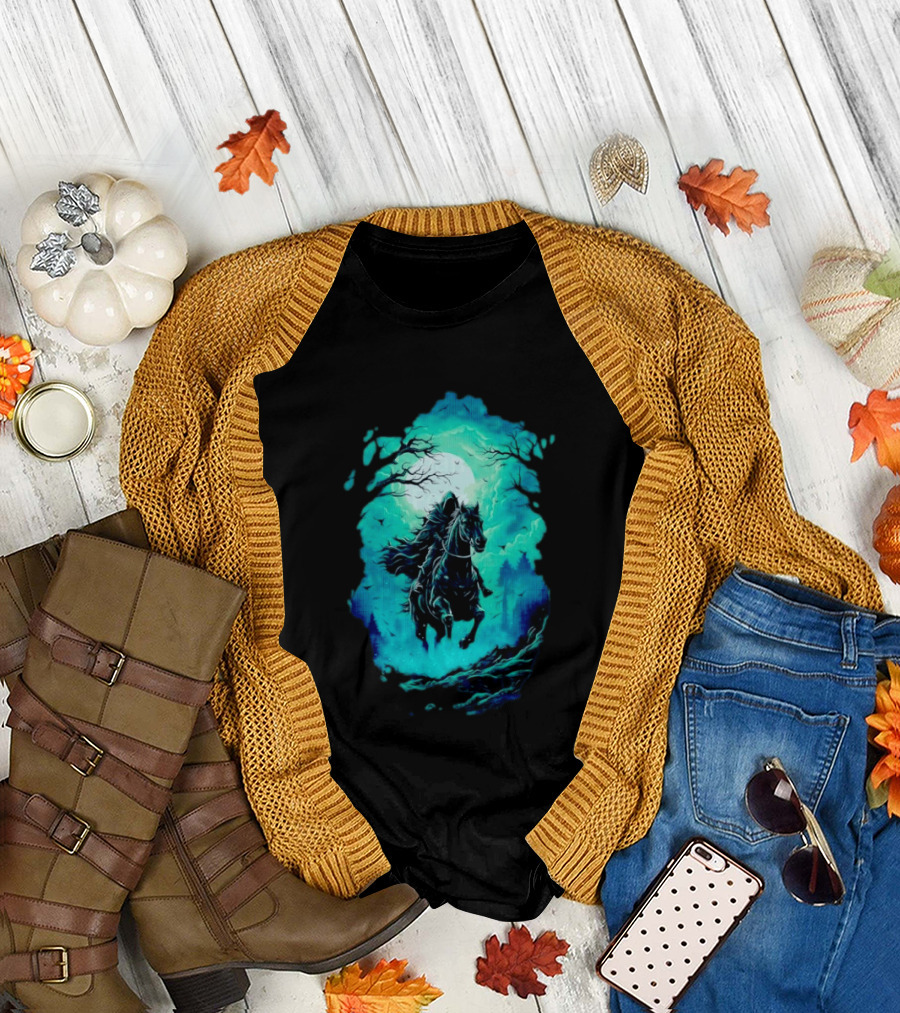 Headless Horseman Eerie Night Ride Through Spooky Forest T-Shirt