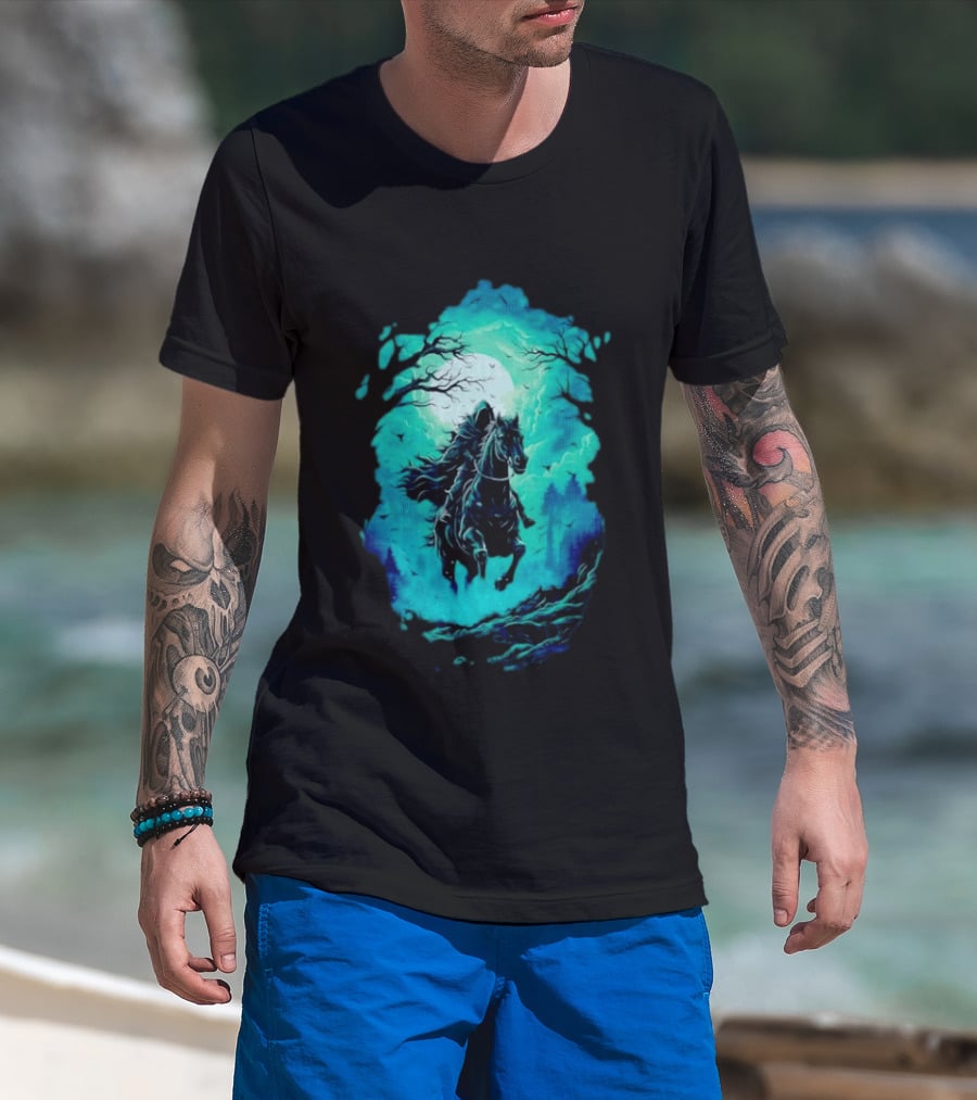Headless Horseman Eerie Night Ride Through Spooky Forest T-Shirt