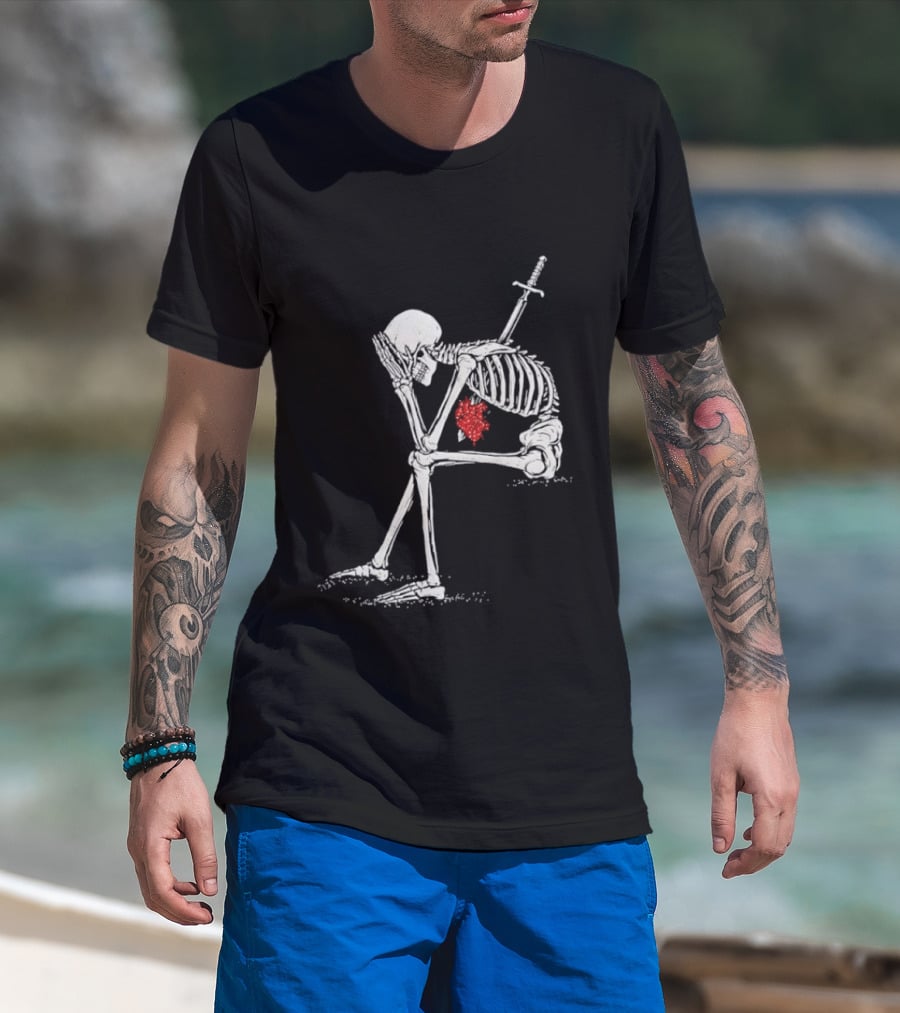 Sad Skeleton With Sword And Bleeding Heart Drawing T-Shirt