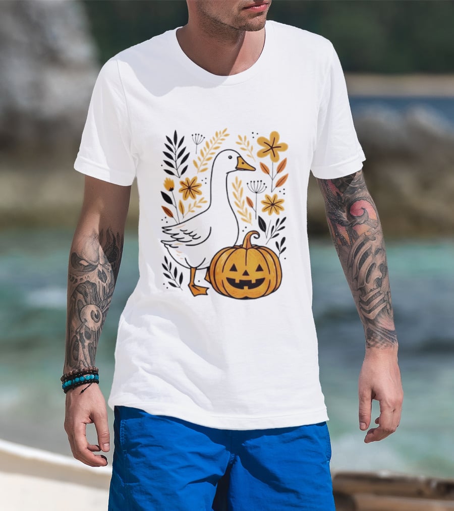 Pumpkin Jack O Lantern Goose Fall Farmhouse Floral Halloween T-Shirt
