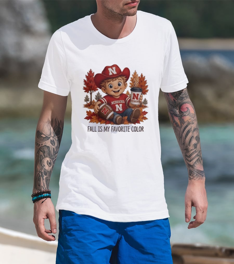 Nebraska Huskers Fall Football Kid Holding Coffee And Ball T-Shirt