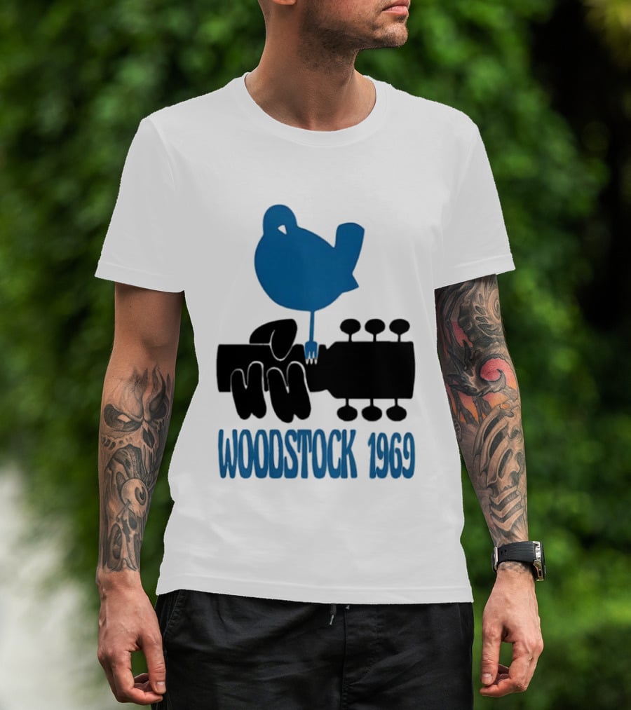 Woodstock 1969 Music Festival Bird On Guitar Neck T-Shirt
