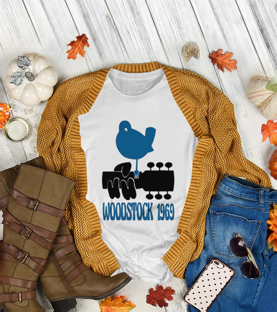 Woodstock 1969 Music Festival Bird On Guitar Neck T-Shirt