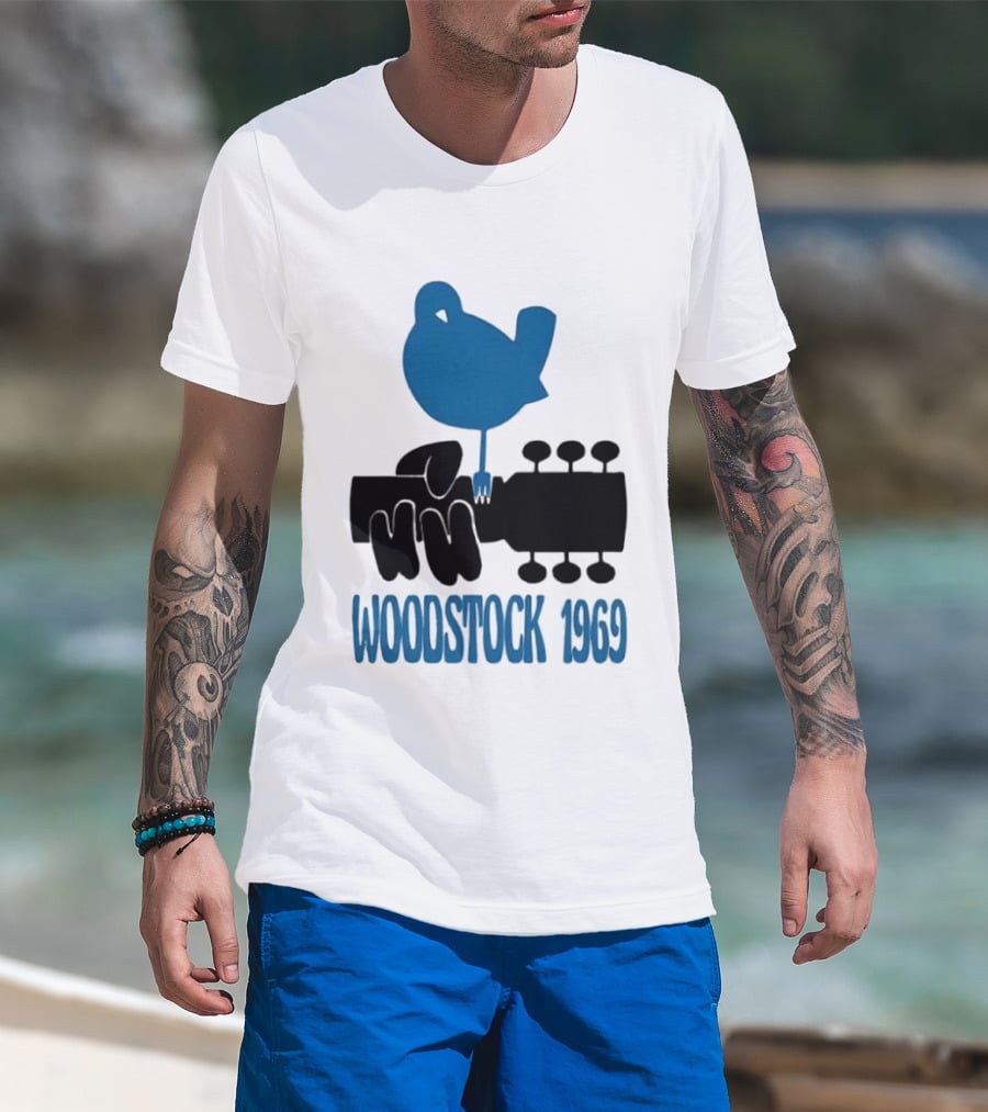 Woodstock 1969 Music Festival Bird On Guitar Neck T-Shirt