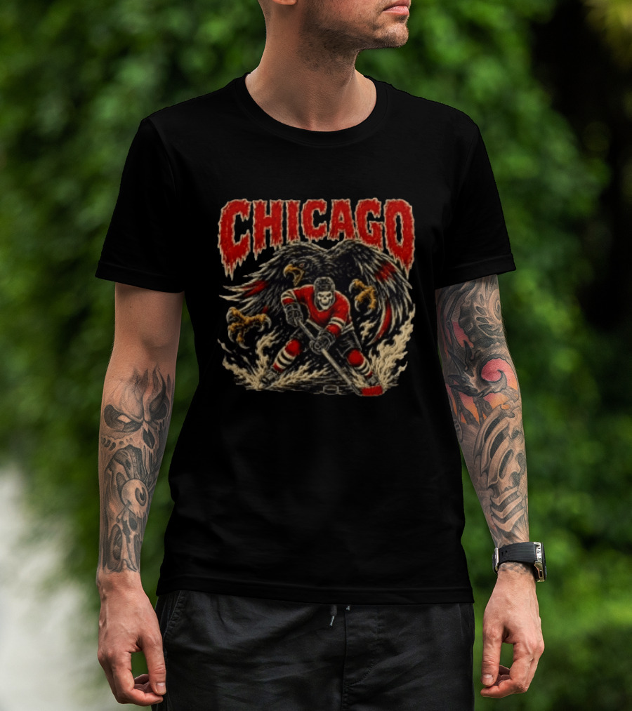 Chicago Blackhawks Skeleton Hockey Player With Hawk Wings T-Shirt