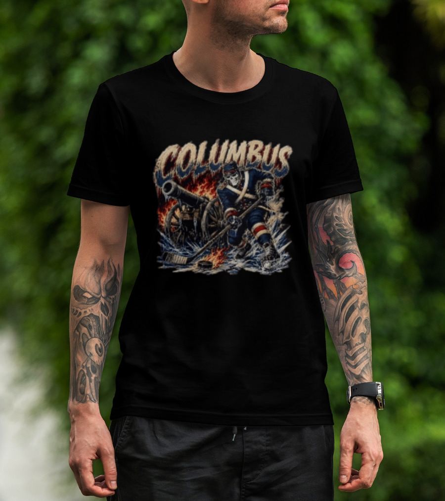 Columbus Blue Jackets Skeleton Hockey Player With Cannon And Ice T-Shirt