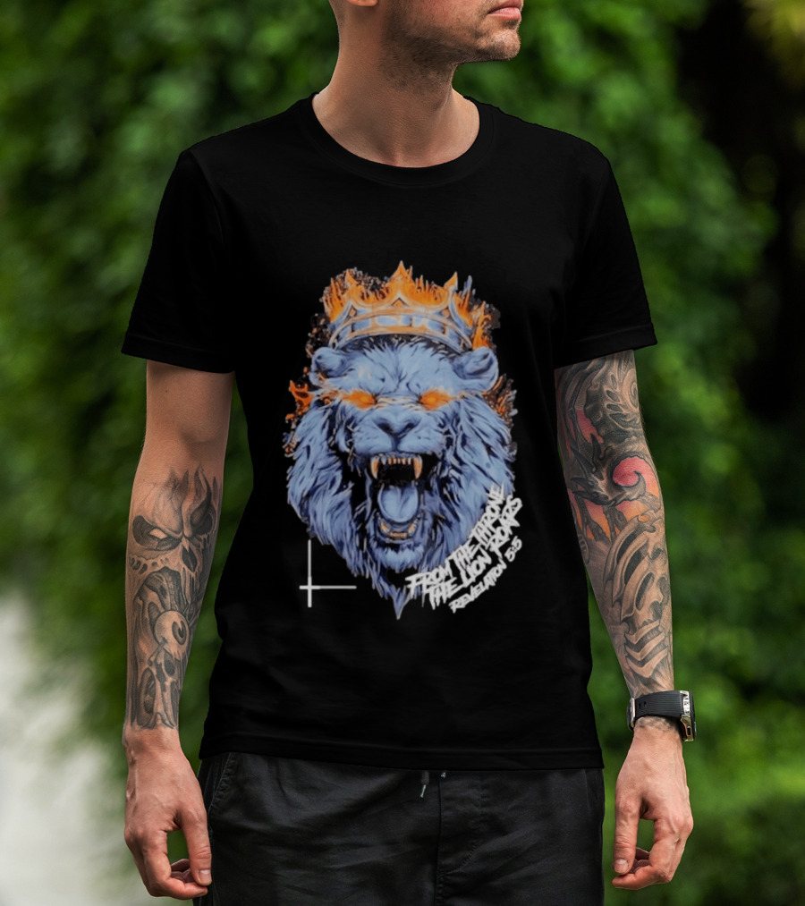 From The Throne The Lion Roars Revelation 5 5 Blue Flame Crown Lionhead T-Shirt