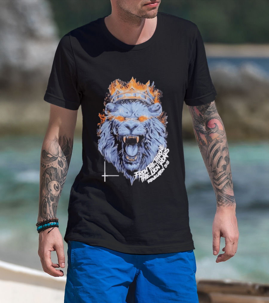 From The Throne The Lion Roars Revelation 5 5 Blue Flame Crown Lionhead T-Shirt