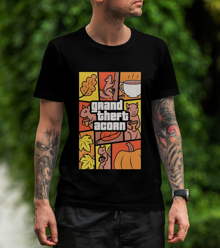 Grand Theft Acorn Autumn Squirrel Coffee Pumpkin Leaves T-Shirt