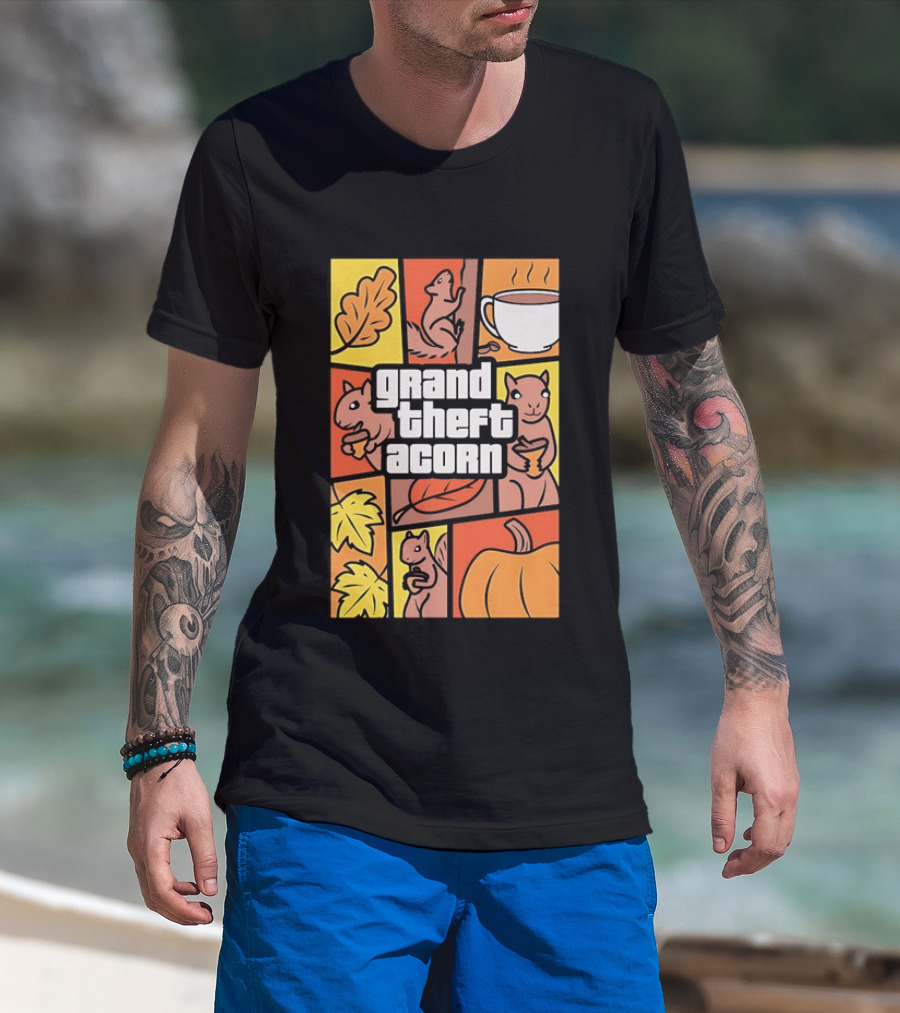 Grand Theft Acorn Autumn Squirrel Coffee Pumpkin Leaves T-Shirt