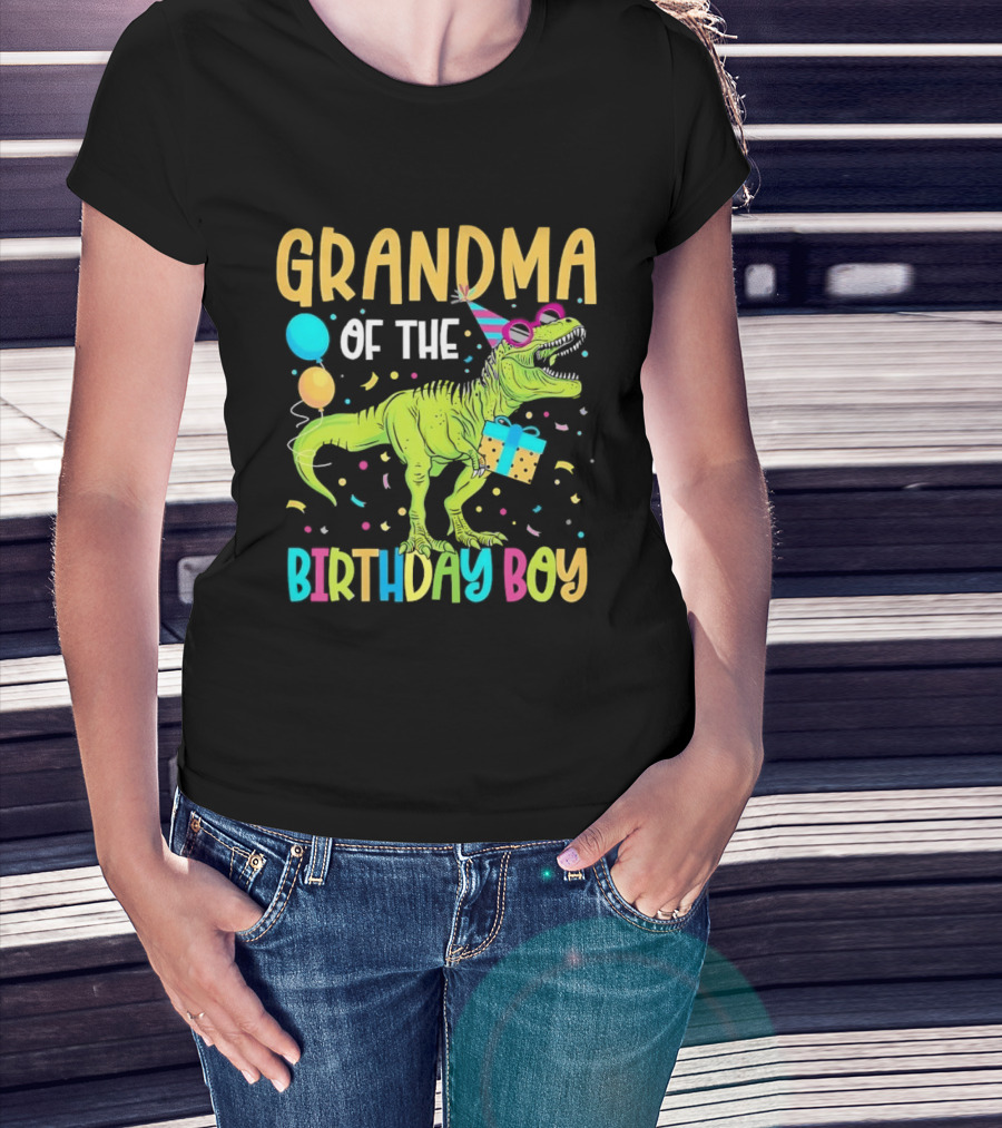 Grandma Of The Birthday Boy Dinosaur Party Balloons And Gift Celebration T-Shirt