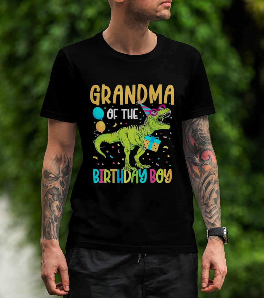 Grandma Of The Birthday Boy Dinosaur Party Balloons And Gift Celebration T-Shirt