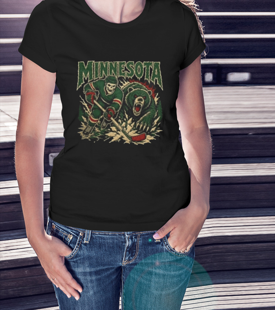 Minnesota Hockey Skeleton With Bear T-Shirt