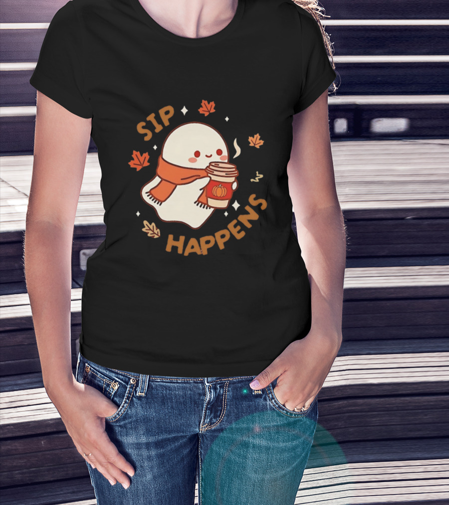 Sip Happens Ghost Pumpkin Spice Latte With Leaves And Scarf T-Shirt