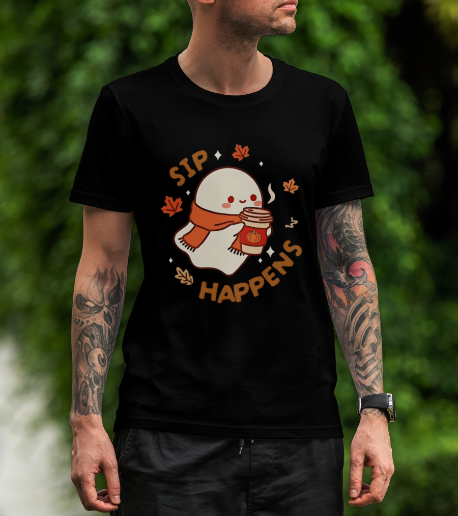 Sip Happens Ghost Pumpkin Spice Latte With Leaves And Scarf T-Shirt