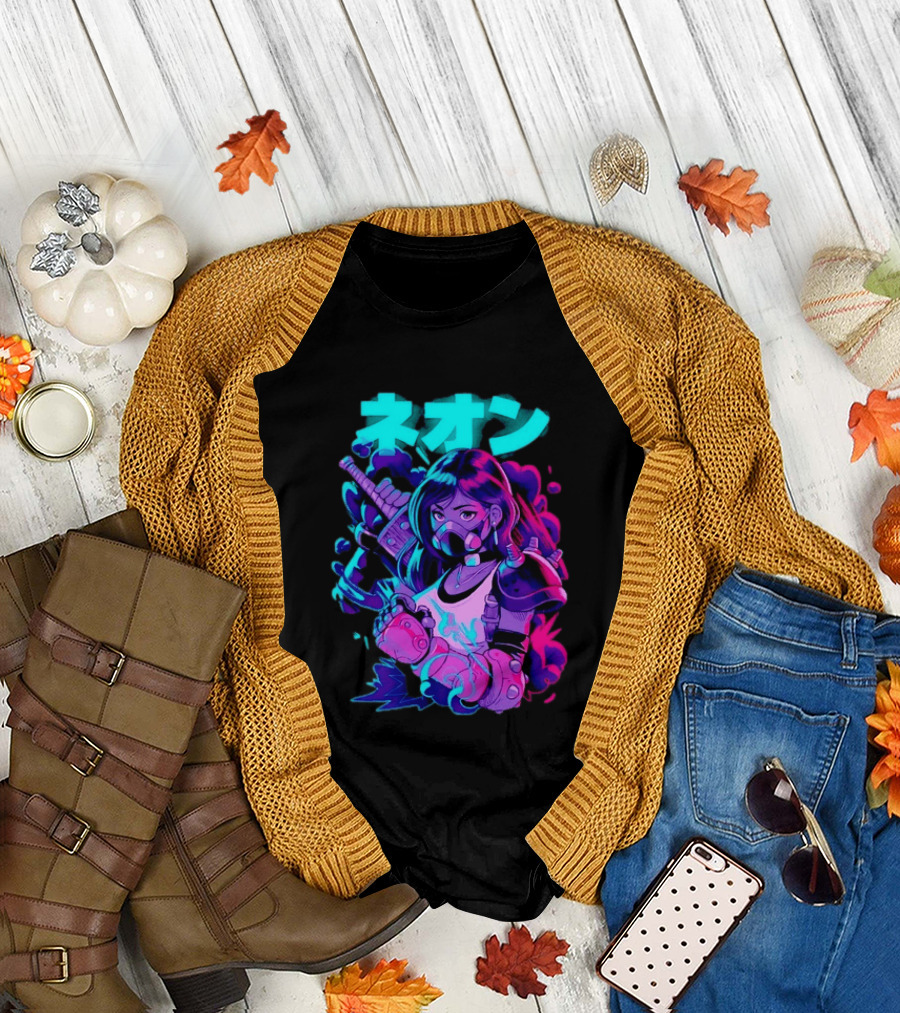 Neon Cyberpunk Anime Warrior Girl Futuristic Vaporwave Aesthetic T-Shirt