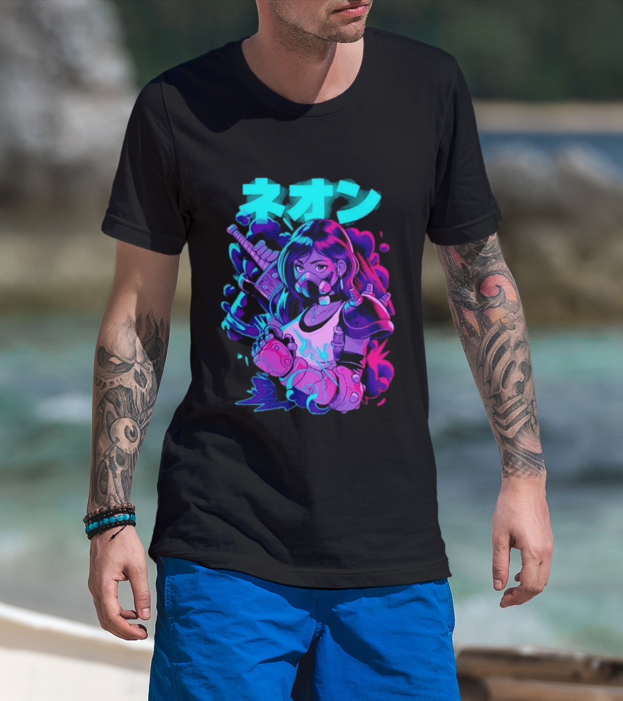 Neon Cyberpunk Anime Warrior Girl Futuristic Vaporwave Aesthetic T-Shirt