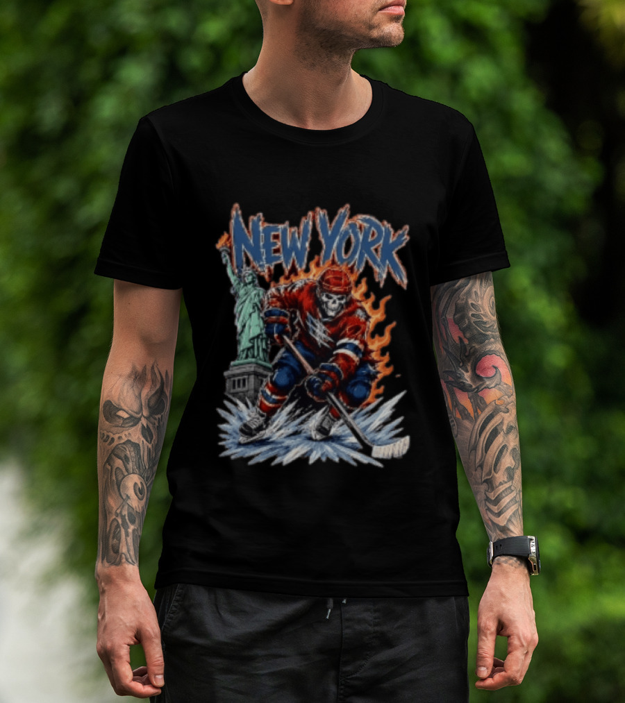 New York Rangers Skeleton Hockey Player Statue Of Liberty Flames T-Shirt