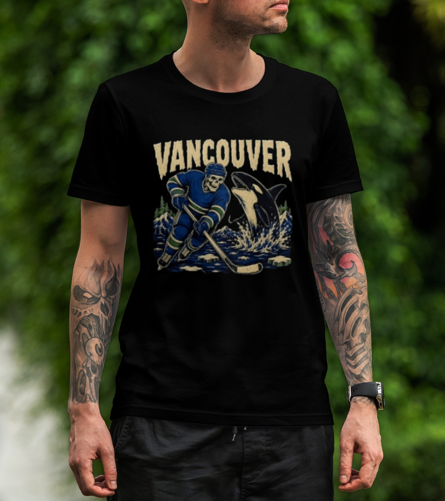 Vancouver Canucks Hockey Skeleton Player With Orca T-Shirt