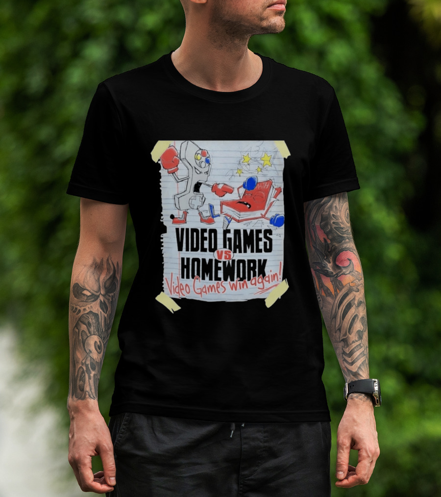 Video Games Vs Homework Video Games Win Again Math Battle Sketch T-Shirt